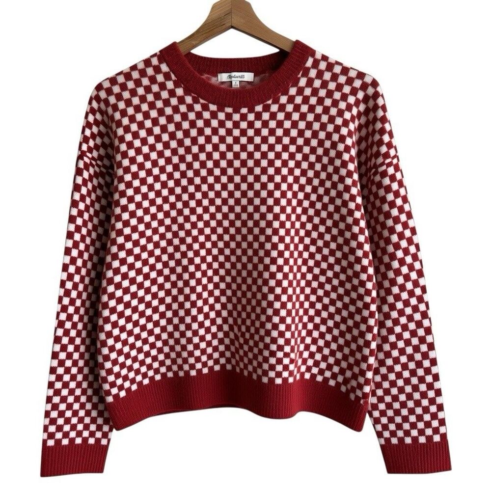 Madewell Checkerboard Jacquard Pullover Sweater S Alpaca Boxy Scarlet